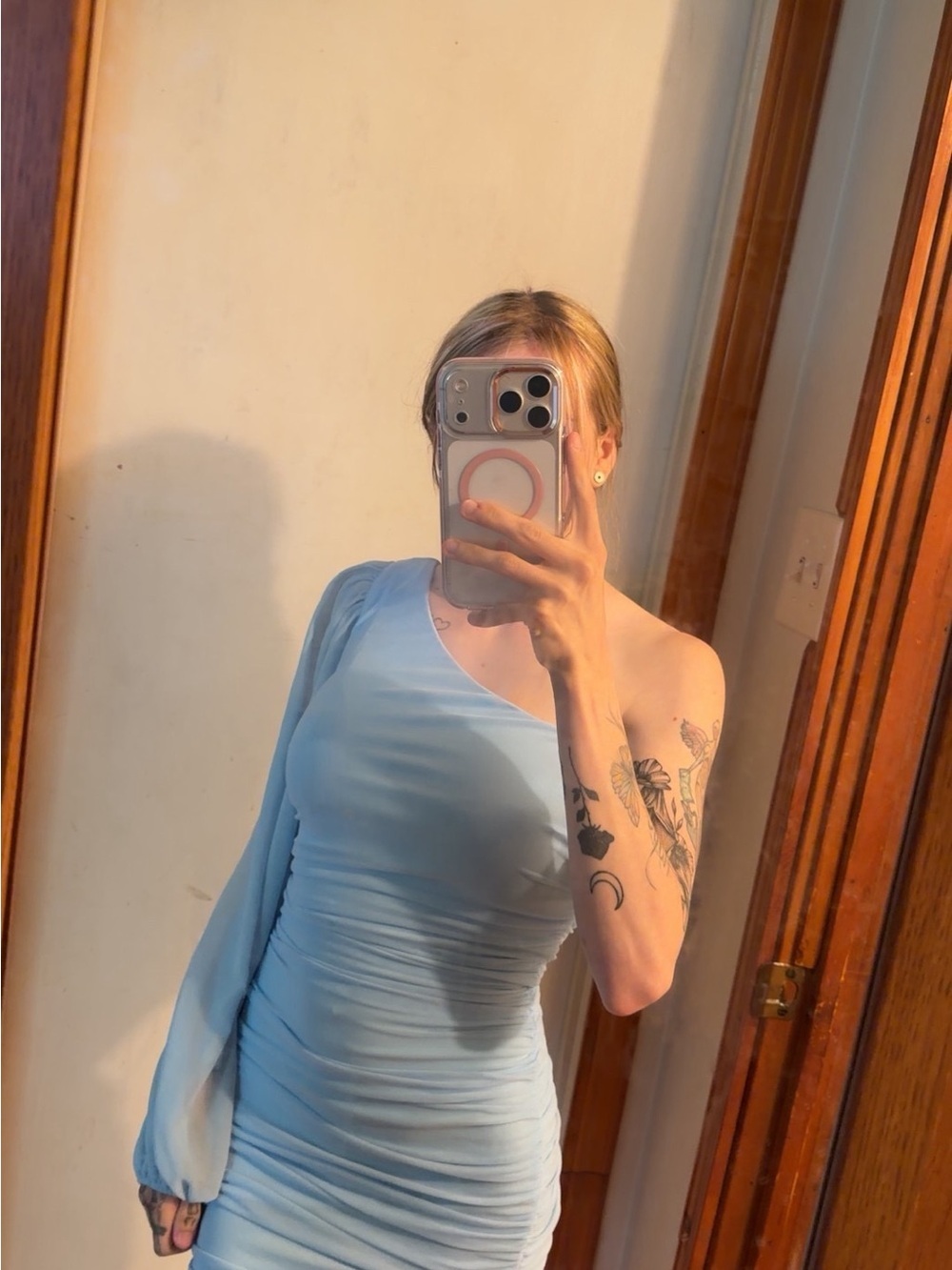 Hello Molly One-Shoulder Light Blue Ruched Dress